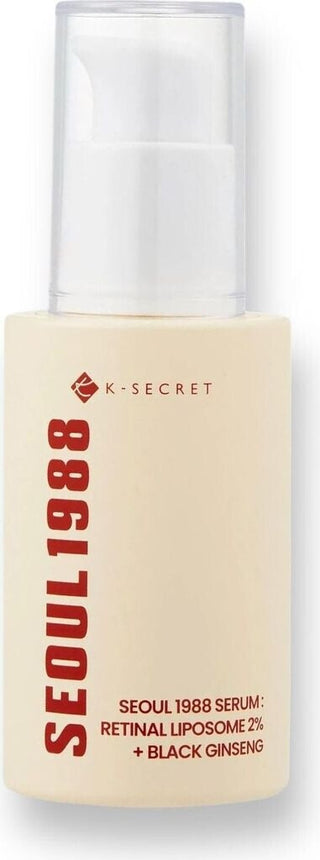 Flacon pompe beige KSECRET Seoul 1988 Retinal Liposome 2% Black Ginseng Serum sur fond blanc