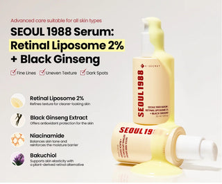 Infographie KSECRET Seoul 1988 Serum Retinal Liposome 2% avec liste des actifs cles et flacon jaune
