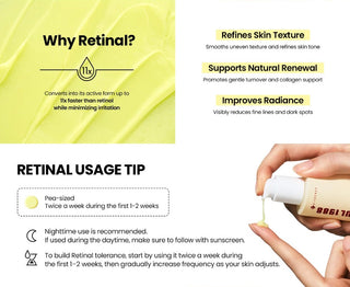 Infographie retinal KSECRET avec conseils d'utilisation et main versant le serum jaune depuis le flacon