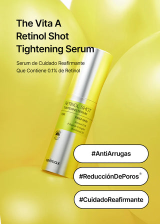 Celimax Retinol Shot Serum sur fond jaune avec hashtags anti-rides, pores et soin raffermissant