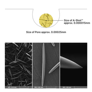 Vues microscopiques des micro-aiguilles A-Shot du serum Celimax comparees a la taille des pores