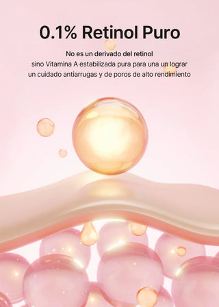 Illustration retinol pur 0.1% Celimax avec sphere doree penetrant la barriere cutanee sur fond rose