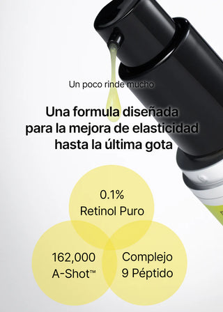 Goutte de serum Celimax Retinol Shot versee du flacon avec composition 0.1% retinol et 9 peptides