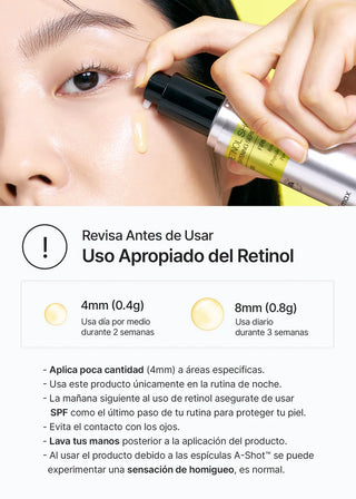 Guide d'utilisation Celimax Retinol Shot applique pres de l'oeil avec dosages recommandes 4mm et 8mm
