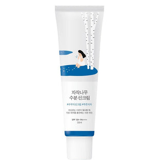 Tube Round Lab Birch Juice Sun Cream SPF50+ avec illustration bouleaux sur fond blanc
