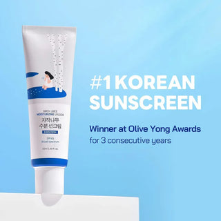 Round Lab Birch Juice Sun Cream sur fond bleu - solaire numero 1, laureat Olive Young Awards