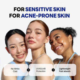 Trois modeles montrant le fini sans trace blanche de la Round Lab Birch Juice Sun Cream