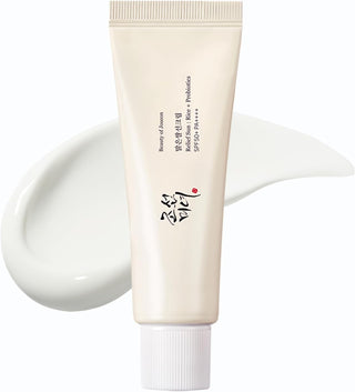 Beauty of Joseon Relief Sun Rice + Probiotics SPF50+ - tube beige avec touche de creme blanche sur fond blanc