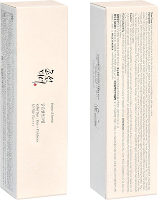 Beauty of Joseon Relief Sun - face avant et arriere du packaging beige avec liste INCI et instructions