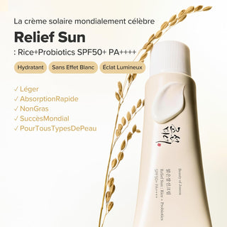 Beauty of Joseon Relief Sun - modele tenant le tube avec texte absorption rapide et hydratation longue duree