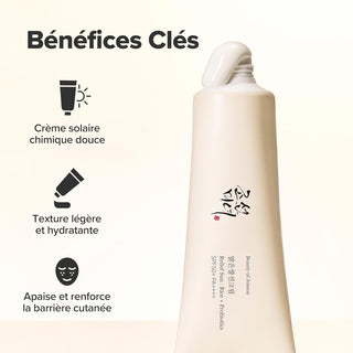 Beauty of Joseon Relief Sun - tube renverse avec creme qui coule, ingredients cles riz et probiotiques annotes