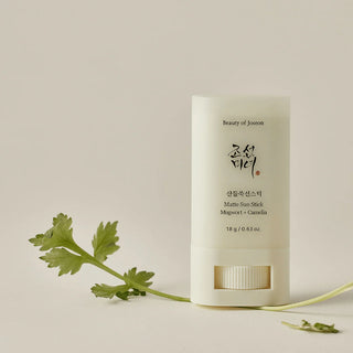 Beauty of Joseon Matte Sun Stick tube beige pose a cote d'une branche d'armoise verte sur fond creme