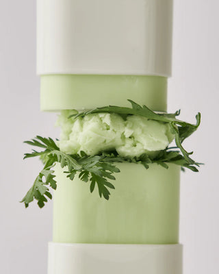 Beauty of Joseon Matte Sun Stick ouvert avec texture verte et feuilles d'armoise autour du tube