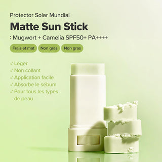 Infographie Beauty of Joseon Matte Sun Stick avec mentions leger, non gras, fini mat et absorption sebum