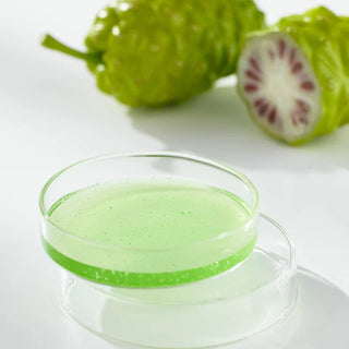 Fruits de noni entier et coupe avec boite de Petri contenant le serum vert clair CELIMAX Noni Ampoule