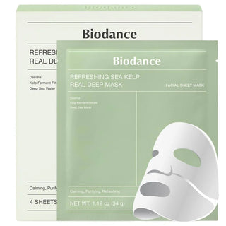 Boite BIODANCE Sea Kelp Real Deep Mask verte avec sachet individuel et masque en tissu blanc deplie