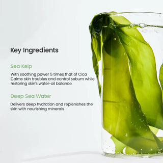 Ingredients cles BIODANCE Sea Kelp - algue verte dans un verre d'eau avec texte Sea Kelp et Deep Sea Water