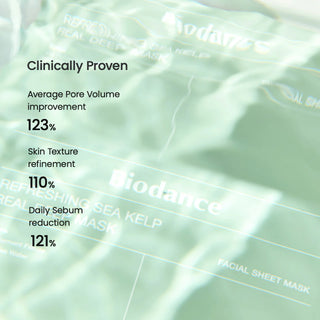 Boites BIODANCE Sea Kelp Real Deep Mask empilees avec liste des types de peaux recommandes