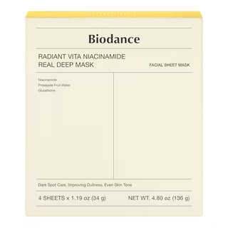 Boite BIODANCE Vita Niacinamide Real Deep Mask blanche et jaune, 4 sheets, vue de face