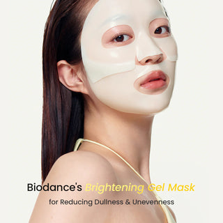 Modele portant le masque gel BIODANCE Vita Niacinamide sur le visage, effet eclat et uniformite du teint