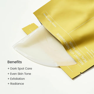Sachet jaune ouvert BIODANCE Vita Niacinamide Real Deep Mask avec masque tissu visible et liste des benefices