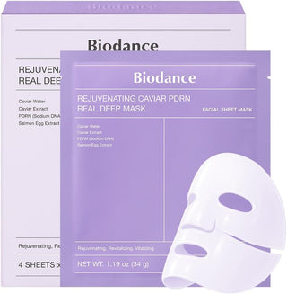 Boite et sachet violet BIODANCE Caviar PDRN Real Deep Mask avec masque tissu blanc sur fond blanc