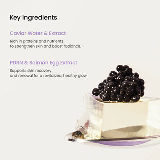 Ingredients cles BIODANCE Caviar PDRN - caviar noir sur bloc blanc et descriptif Caviar Water, PDRN, Salmon Egg