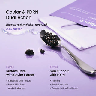 Cuillere de caviar et sachet violet BIODANCE illustrant la double action Caviar et PDRN en deux etapes