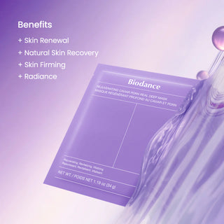 Sachet violet BIODANCE Caviar PDRN sur fond lavande avec liste des benefices renouvellement et fermete