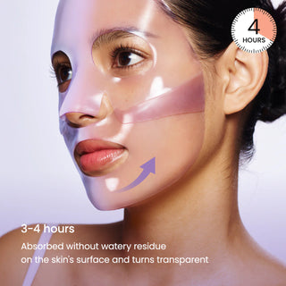 Femme portant le masque gel violet BIODANCE Caviar PDRN avec indication de pose 3-4 heures