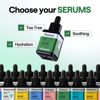 Gamme de serums MEDIHEAL avec le Teatree Calming Hydra Serum mis en avant parmi sept flacons pipette