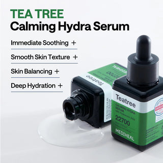 MEDIHEAL Teatree Calming Hydra Serum renverse avec texture gel transparente et liste des bienfaits