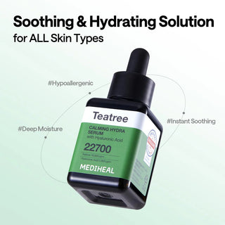 Flacon MEDIHEAL Teatree Calming Hydra Serum avec mentions hypoallergenique, hydratation et apaisement