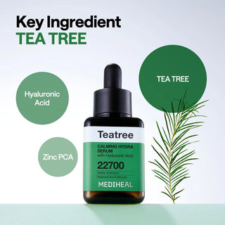 Ingredients cles du serum MEDIHEAL Teatree - tea tree, acide hyaluronique et zinc PCA avec branche vegetale