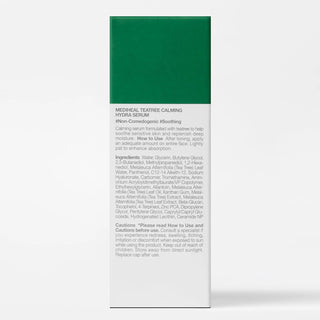 Dos de la boite MEDIHEAL Teatree Calming Hydra Serum avec liste INCI, mode d'emploi et precautions