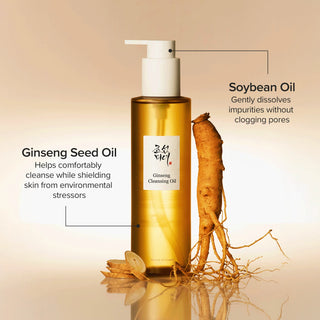 Flacon Beauty of Joseon Ginseng Cleansing Oil avec racine de ginseng et mentions des ingredients cles