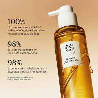 Gros plan flacon Beauty of Joseon Ginseng Cleansing Oil avec statistiques de satisfaction utilisateurs