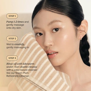 Tutoriel en 3 etapes pour utiliser le Beauty of Joseon Ginseng Cleansing Oil avec visage de modele