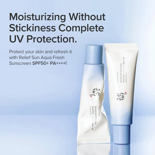 Tube et sachet voyage Beauty of Joseon Relief Sun Aqua Fresh SPF50+ sur fond bleu pastel