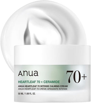 Pot ANUA Heartleaf 70 Calming Cream avec noisette de creme blanche onctueuse sur le couvercle