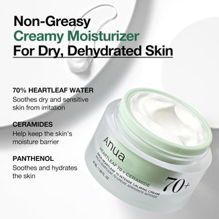 Infographie ANUA Heartleaf 70 Calming Cream - 70% eau de heartleaf, ceramides et panthenol avec pot ouvert