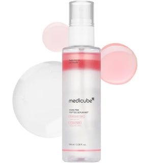 Medicube PDRN Glutathione Serum Mist avec bulles de gel roses et transparentes en arriere-plan