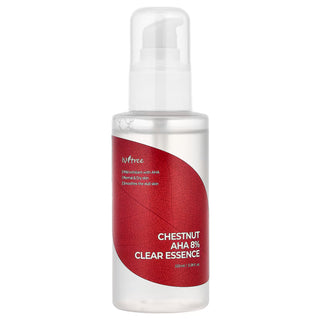 ISNTREE Chestnut AHA 8% Clear Essence 100ml - flacon pompe transparent avec etiquette rouge motif feuille