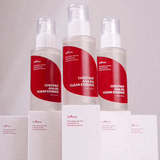 Trio de flacons ISNTREE Chestnut AHA 8% Clear Essence avec etiquettes rouges et emballages blancs