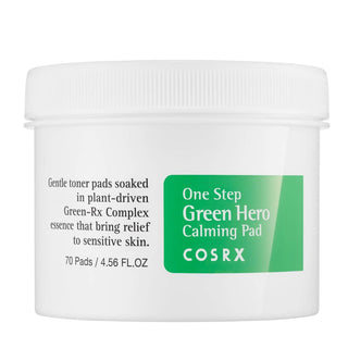 Pot blanc COSRX One Step Green Hero Calming Pad 70 pads avec etiquette verte sur fond blanc