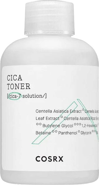 Flacon blanc COSRX Cica Toner cica-7 solution vu de face sur fond blanc avec bouchon visse