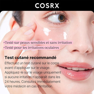 Visage femme portant un patch COSRX sous l'oeil avec conseils test cutane et tolerance peaux sensibles