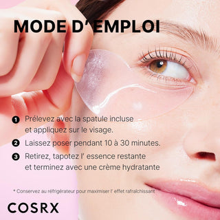 Mode d'emploi COSRX Peptide Eye Patch en 3 etapes - application sous les yeux avec spatule sur fond rose