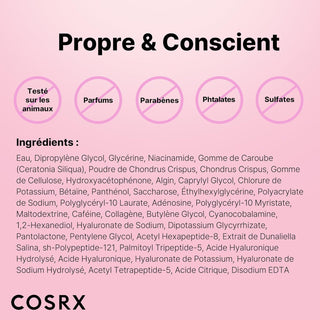 Liste ingredients COSRX Peptide Collagen Eye Patch - formule sans parabenes, sulfates et phtalates sur fond rose