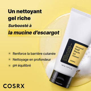 COSRX Nettoyant Gel Mucine Escargot tube avec mousse sur fond jaune et texte benefices en francais